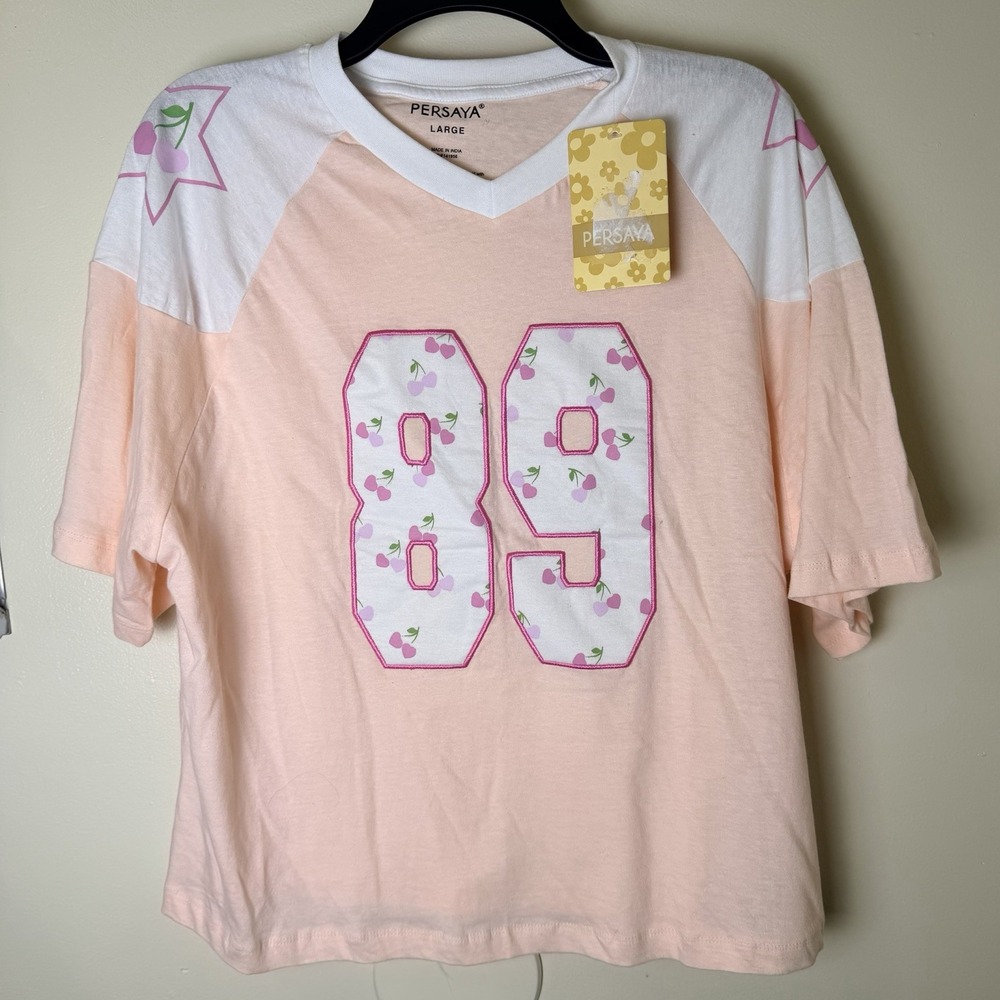 Womens L Pink Cotton Graphic Print Crew T Shirt Short Sleeve Cropped Boho Number